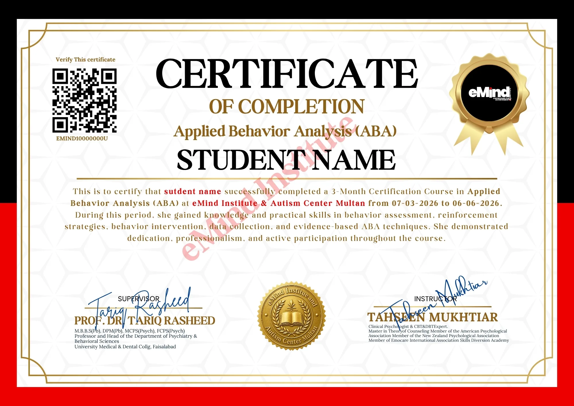eMind Institute certificate of completion sample