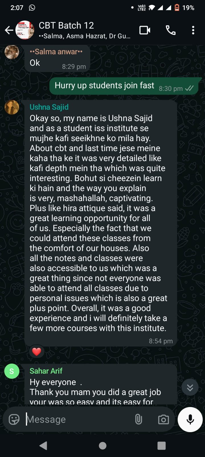 Student WhatsApp feedback