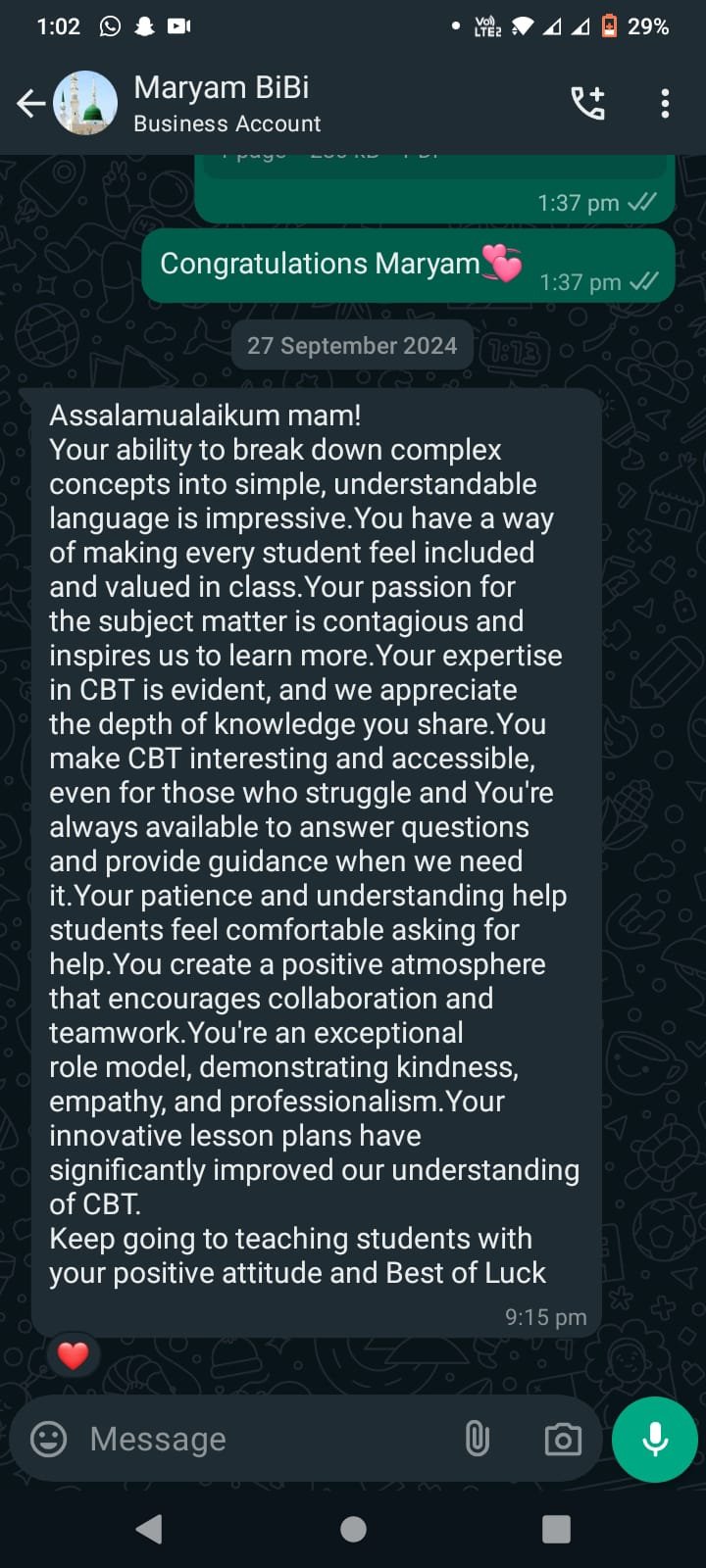 Student WhatsApp feedback