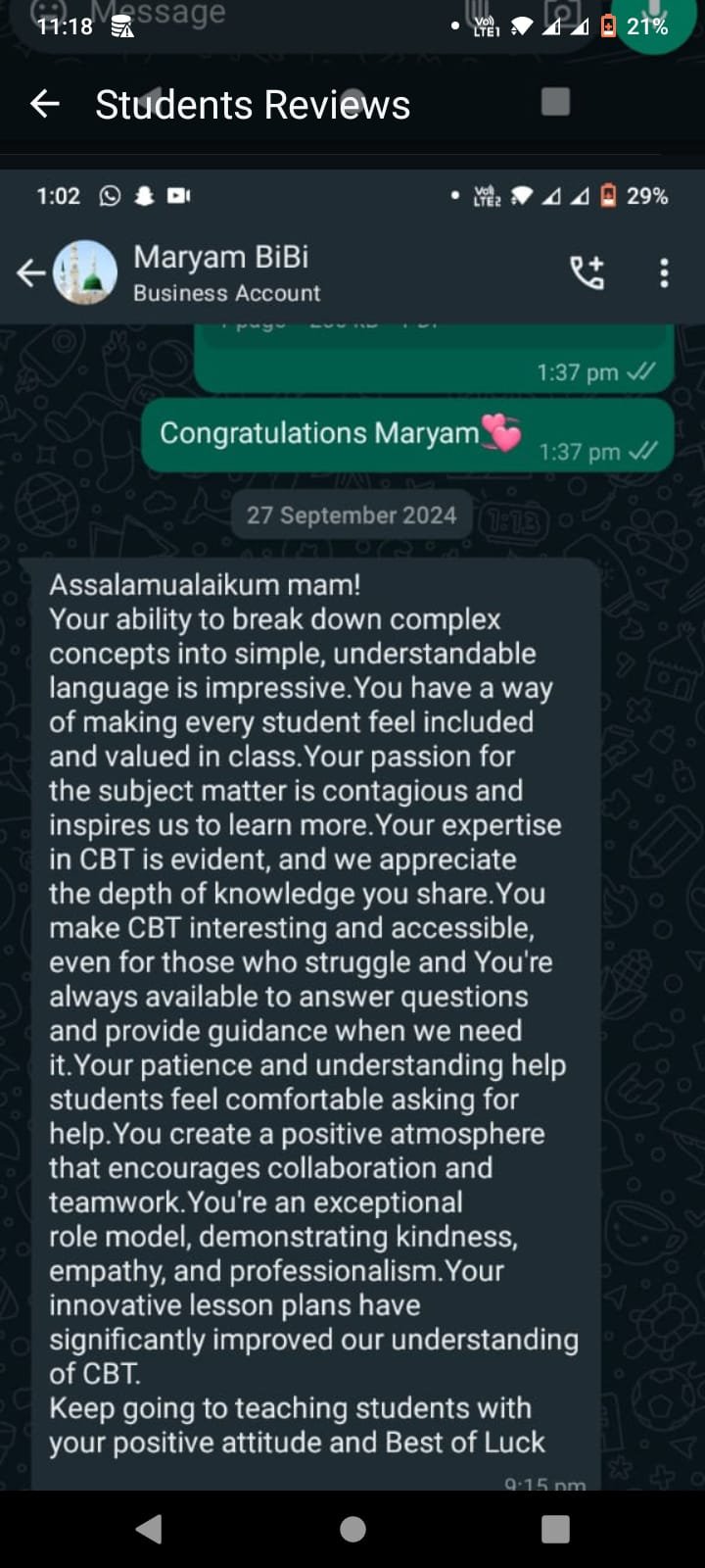Student WhatsApp feedback
