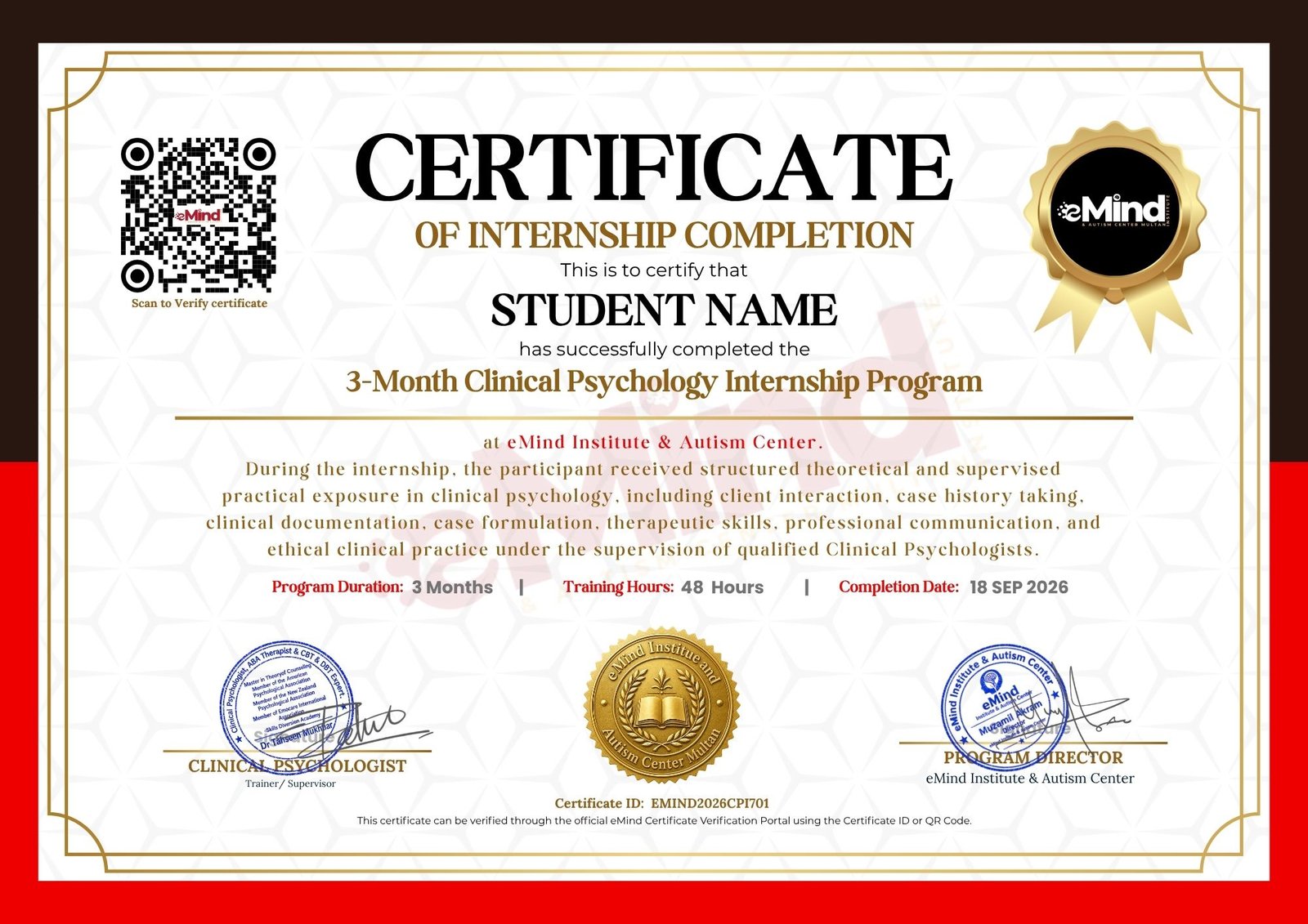 Sample eMind clinical psychology internship certificate