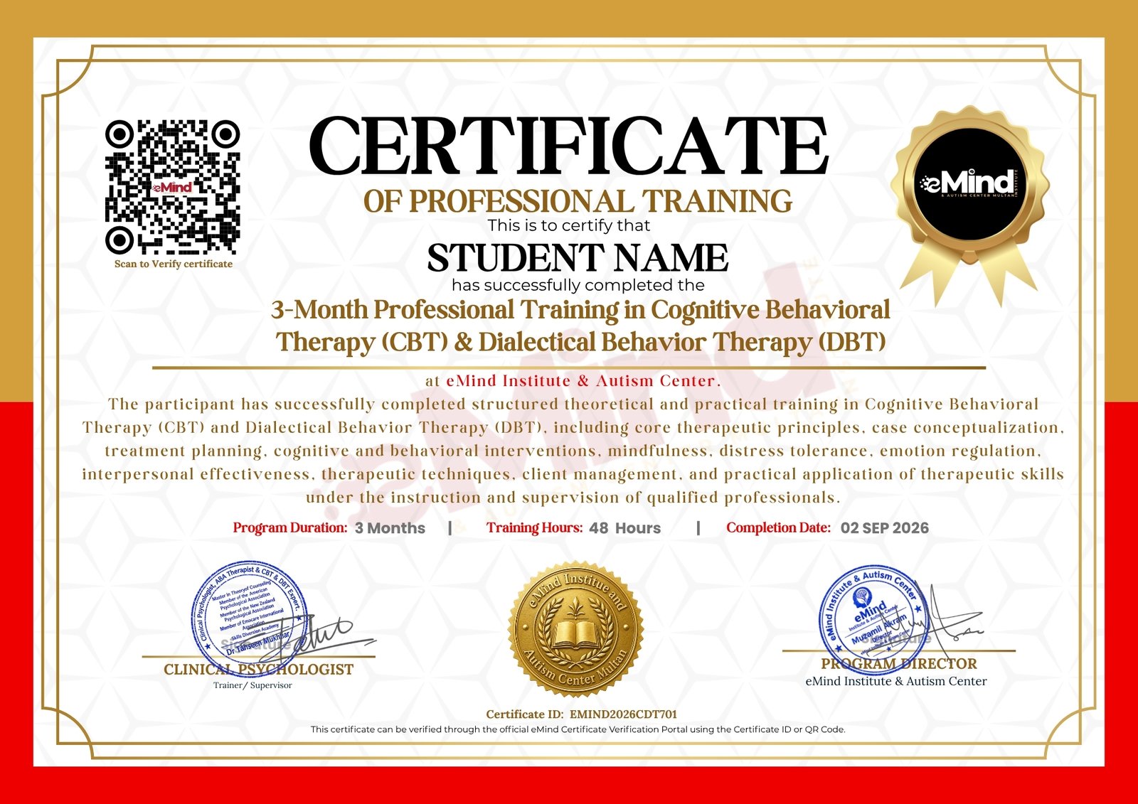 eMind Institute certificate of completion sample